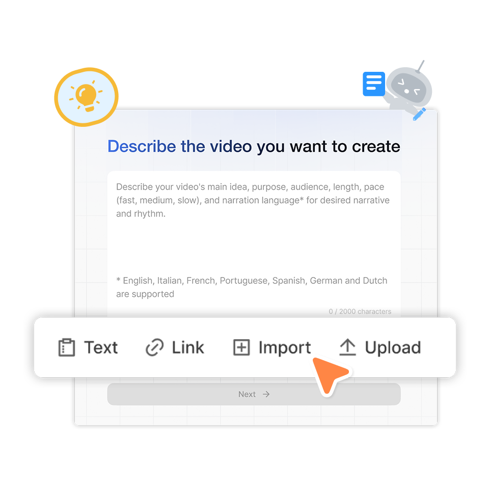 Upload text, images, or audio to generate sales videos with Visla's AI Video Agent.